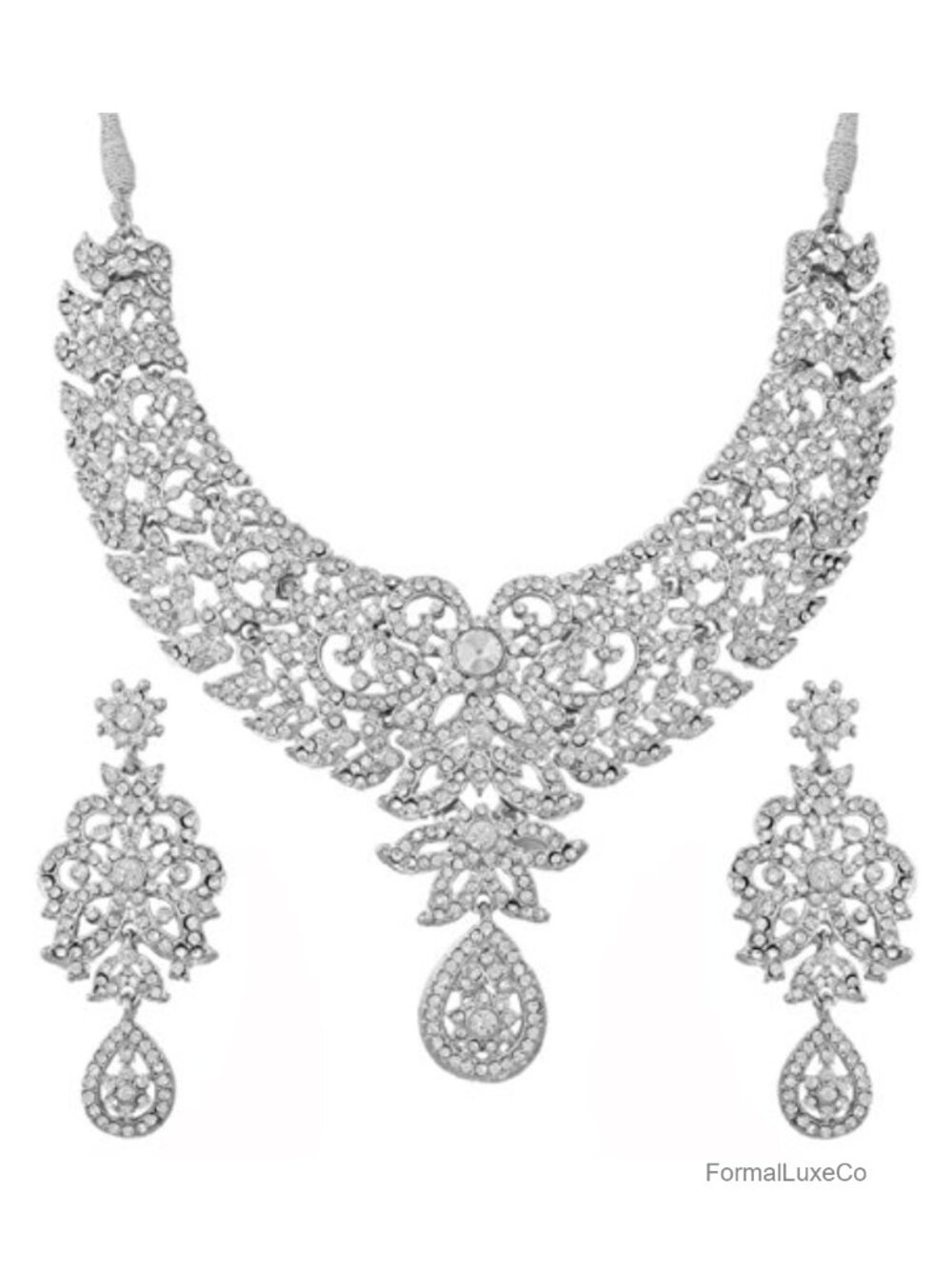 Filigree Paisley Rhinestone Necklace and Earring Set